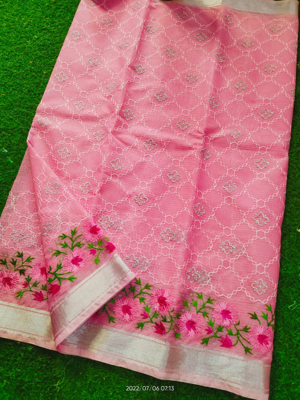 Pure Cotton Kota Doriya Jaal Embroidery Saree With Blouse