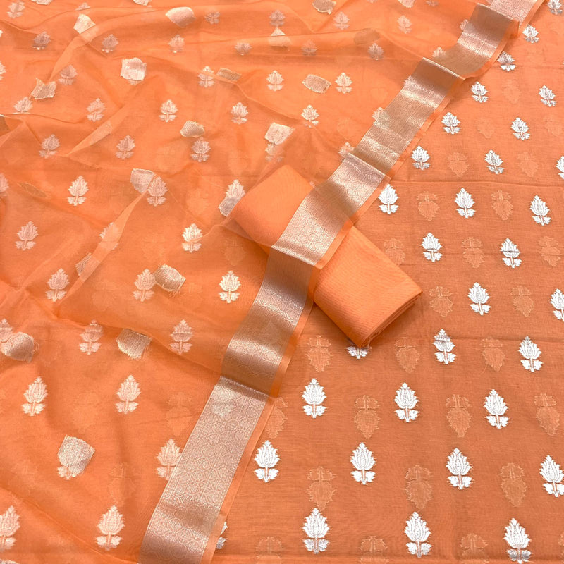 Pure Banarasi Chanderi Silk Cotton Zari Buti Weaved Unstitched Suit With Organza Dupatta