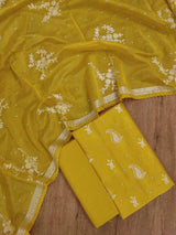 Banarasi Chanderi Silk Chikankari Work Unstitched Suit With Chanderi Silk Work Dupatta.