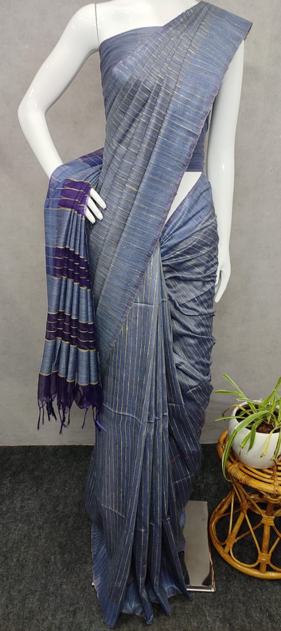 Pure Bamboo Jute Giccha Stripe Saree With Blouse.