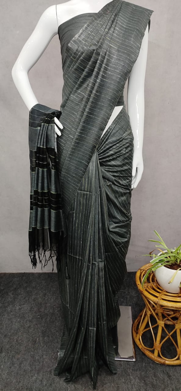 Pure Bamboo Jute Giccha Stripe Saree With Blouse.