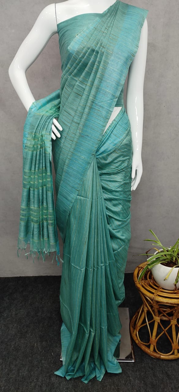 Pure Bamboo Jute Giccha Stripe Saree With Blouse.