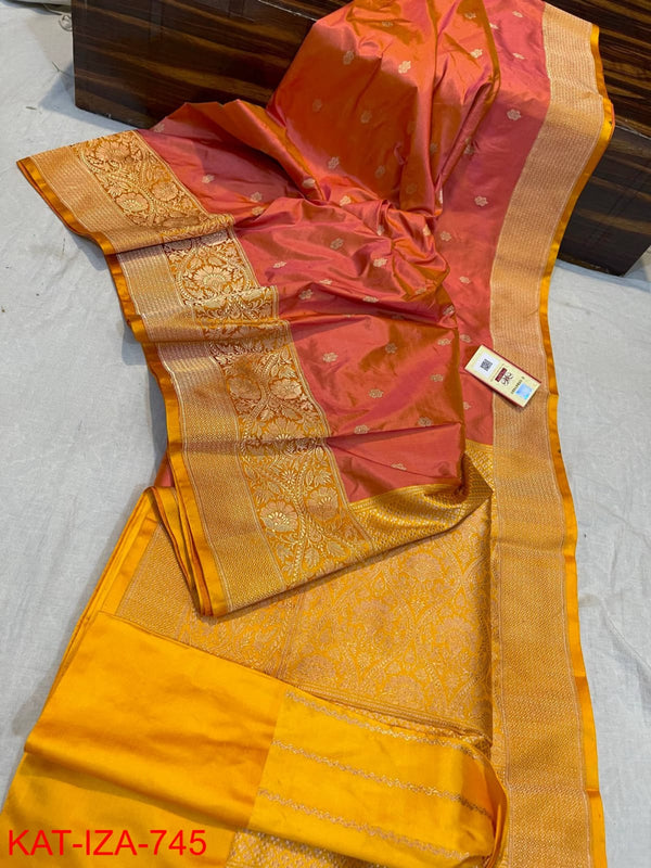 Designer Peach Color Pure Banarasi Katan Silk Saree With Antique  Zari.