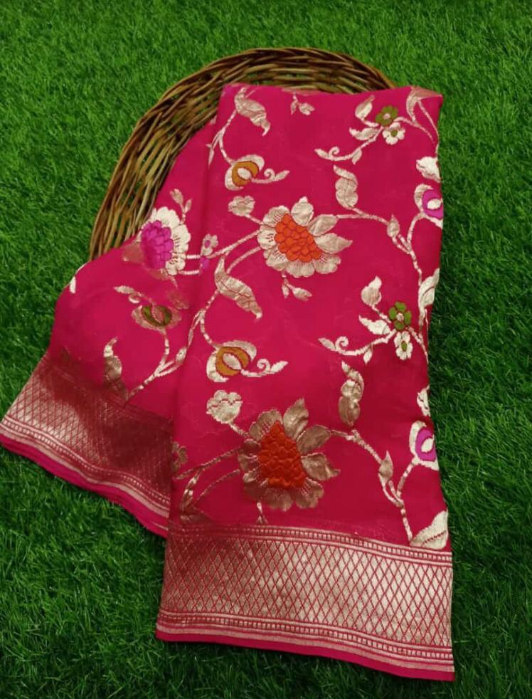 Pure Banaresi Khaddi Georgette Heavy Jaal Weaved Saree . ( Length- 6.3 Meter )