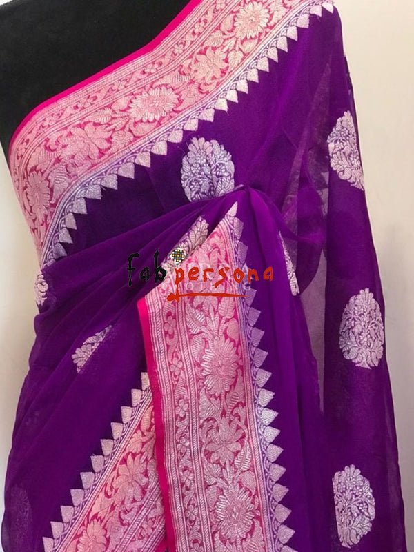 Pure Hand loom  Khaddi Chiffon Georgette Saree with Silver Zari Weaving.( length- 6.3 meter )