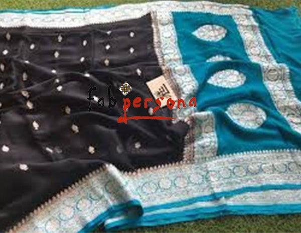 Pure Hand loom  Khaddi Chiffon Georgette Saree with Silver Zari Weaving.( length- 6.3 meter )