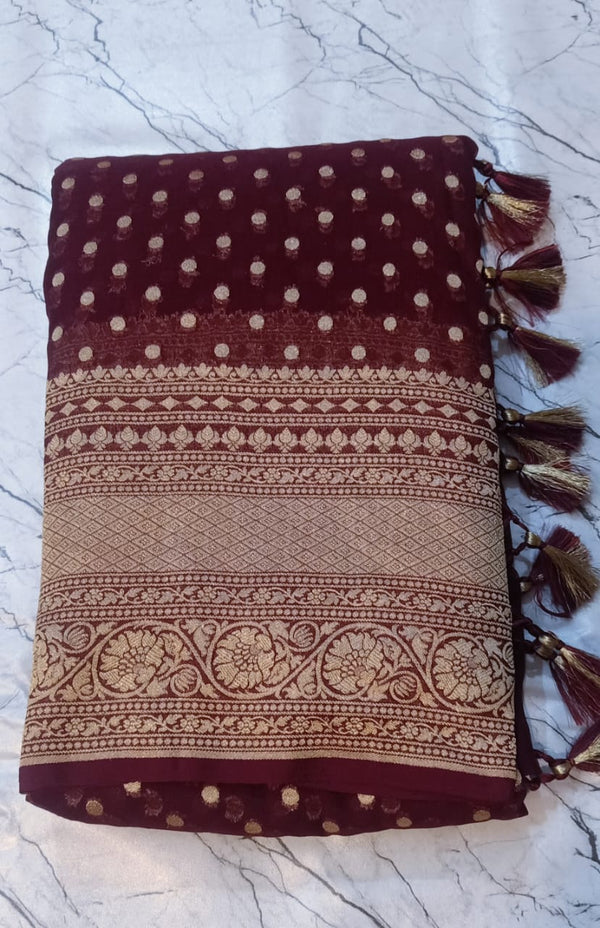 Pure Banarasi Handloom Khaddi Georgette Silk Saree with Zari Work ( length- 6.3 meter )