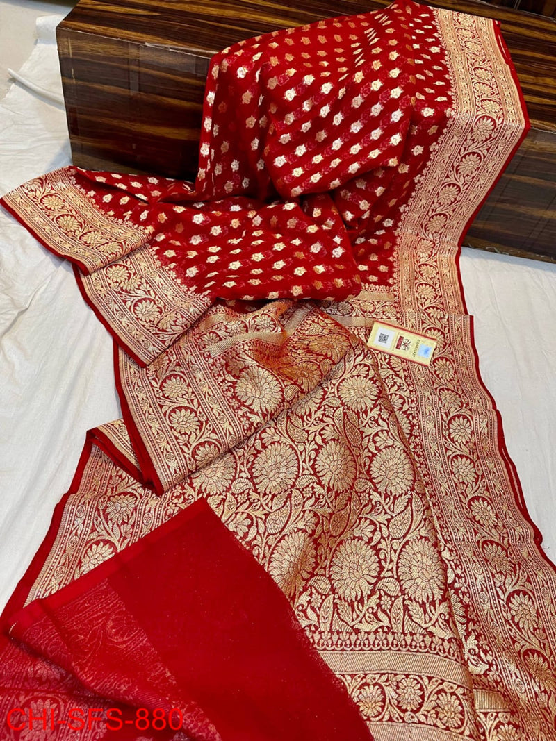 Pure Banarasi Handloom Khaddi Georgette Silk Saree with Zari Work ( length- 6.3 meter )