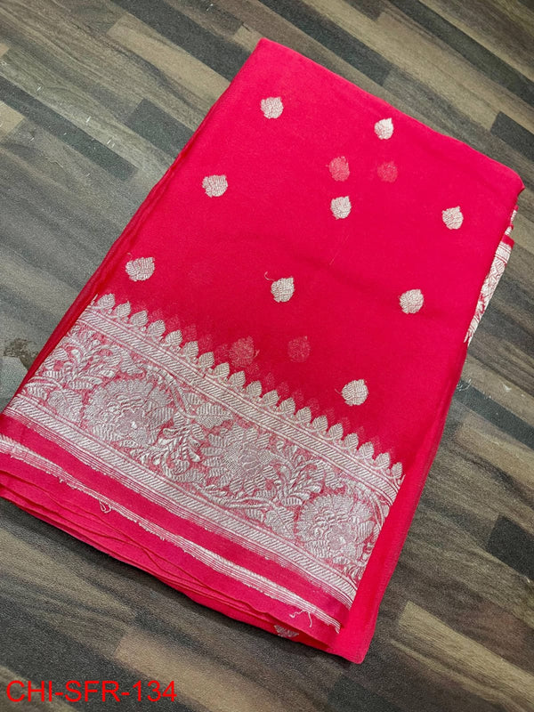 Pure Banarasi Handloom Khaddi Chiffon Silk Saree with Zari Work ( length- 6.3 meter )