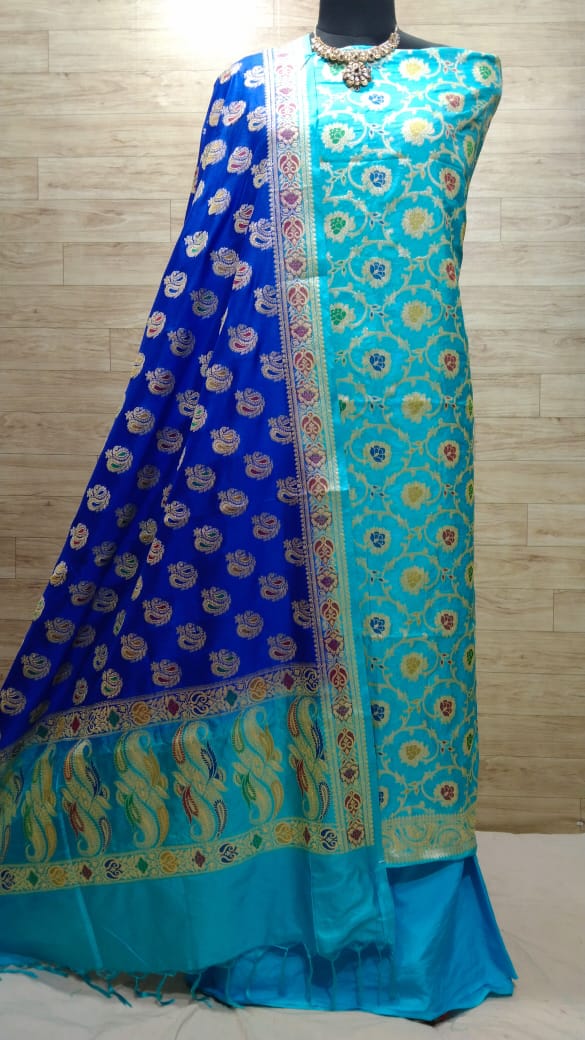 Banarasi Katan Silk Unstitched Suit With Dupatta.