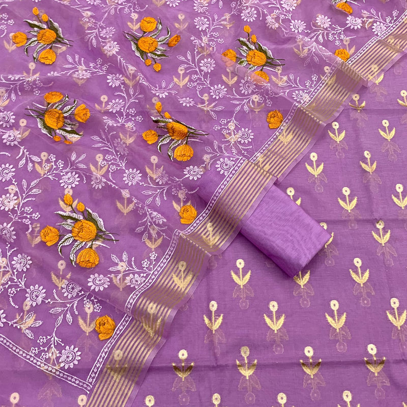 Pure Banarasi Chanderi Silk Cotton Alfi Zari Buti Weaved Unstitched Suit With Organza Embroidery Dupatta.