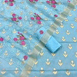 Pure Banarasi Chanderi Silk Cotton Alfi Zari Buti Weaved Unstitched Suit With Organza Embroidery Dupatta.