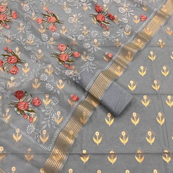 Pure Banarasi Chanderi Silk Cotton Alfi Zari Buti Weaved Unstitched Suit With Organza Embroidery Dupatta.