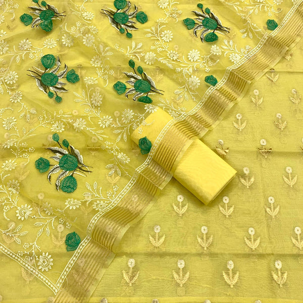 Pure Banarasi Chanderi Silk Cotton Alfi Zari Buti Weaved Unstitched Suit With Organza Embroidery Dupatta.