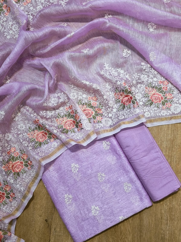 Pure Banarasi Linen Silk Embroidery Work Unstitched Suit With Linen Silk Work Dupatta.