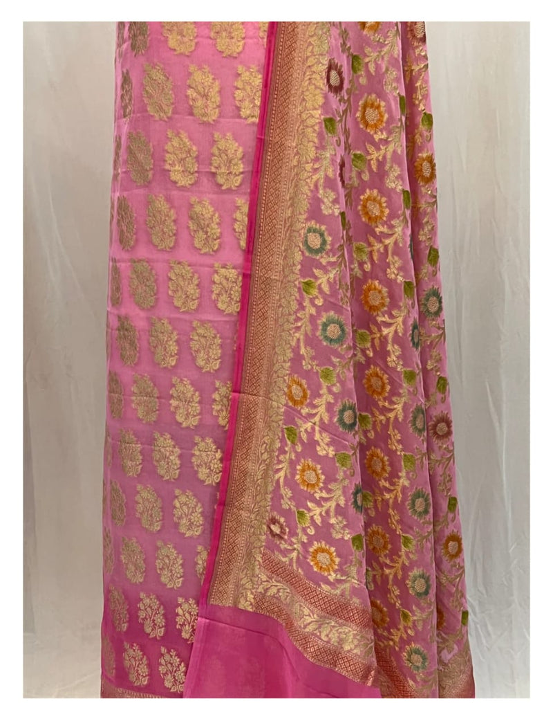 Pure Khaddi Georgette Unstitched Suit With water Zari Work.