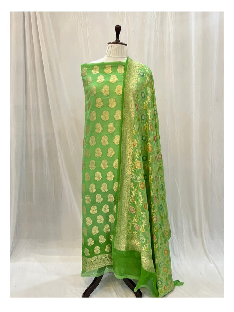 Pure Khaddi Georgette Unstitched Suit With water Zari Work.