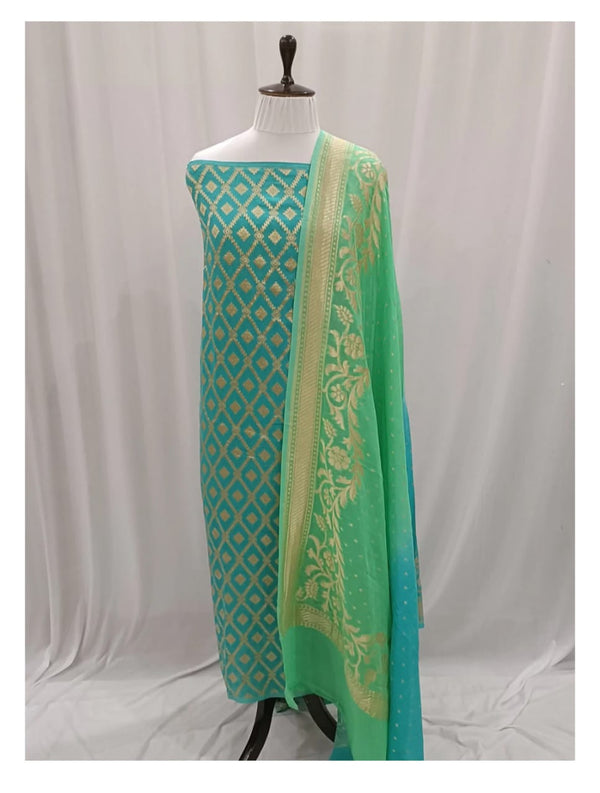 Pure Khaddi Georgette Unstitched Suit With water Zari Work.