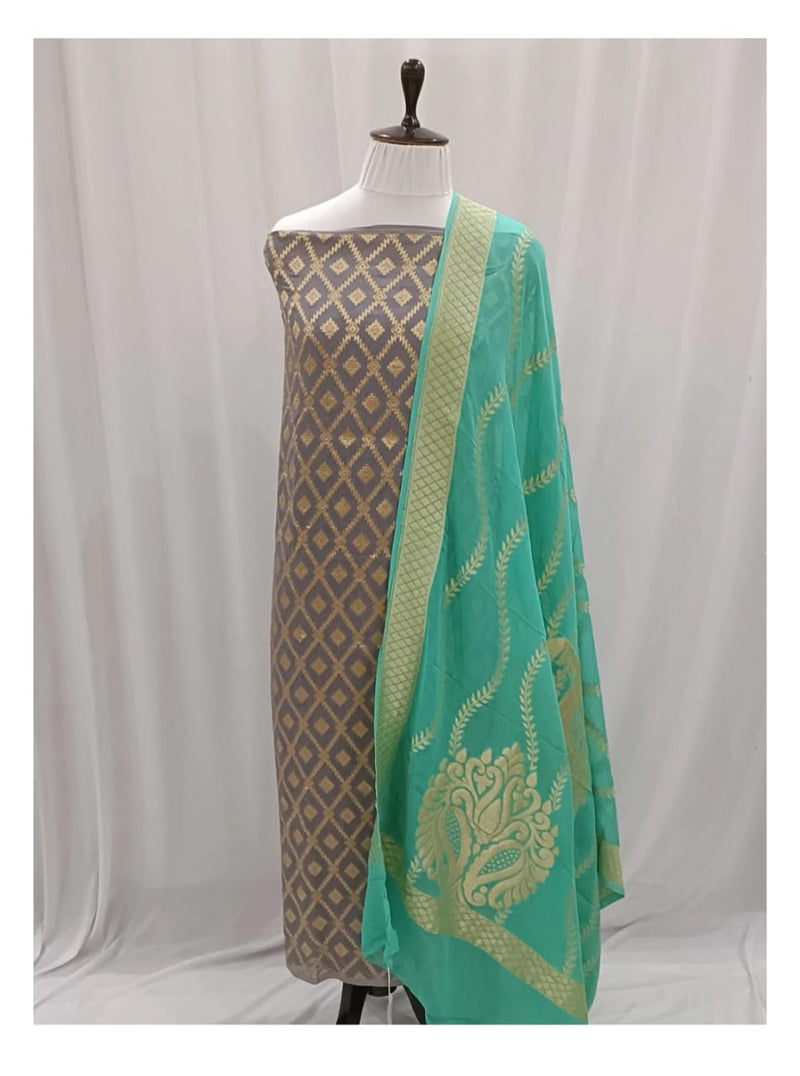 Pure Khaddi Georgette Unstitched Suit With water Zari Work.