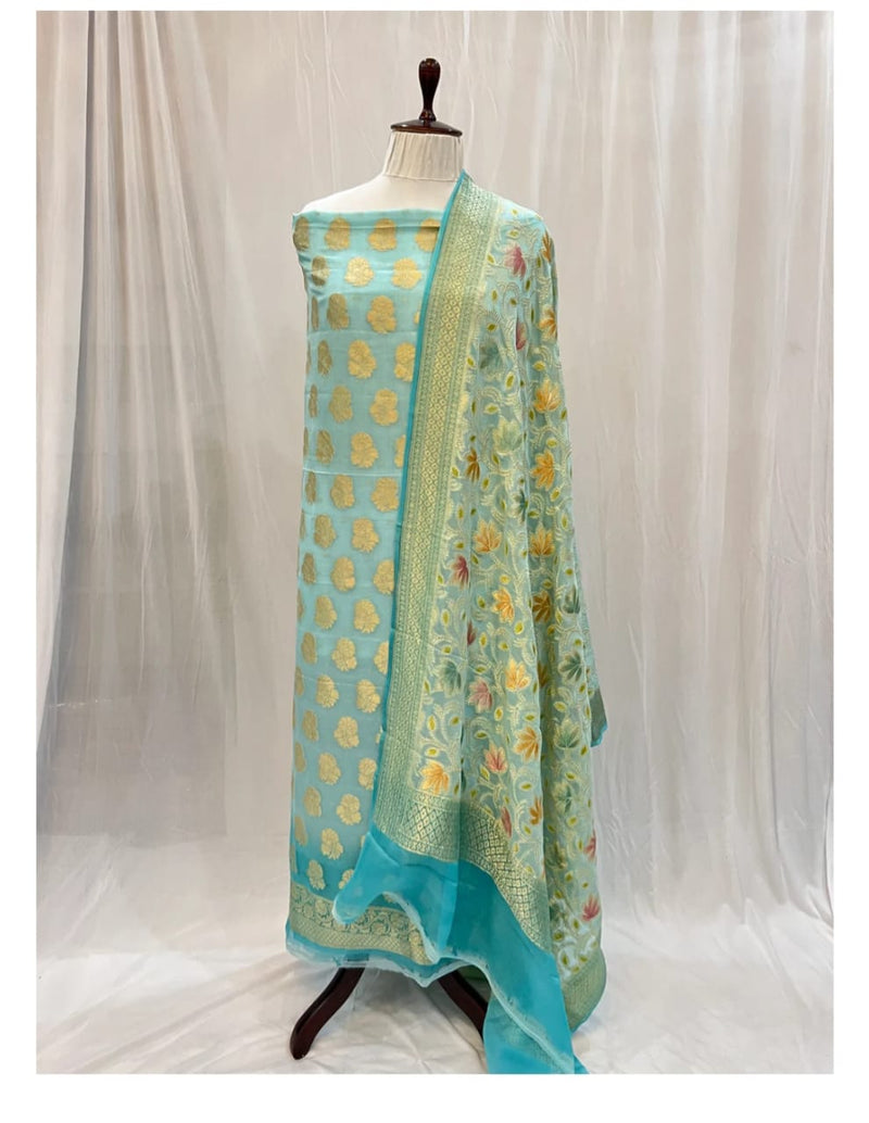 Pure Khaddi Georgette Unstitched Suit With water Zari Work.