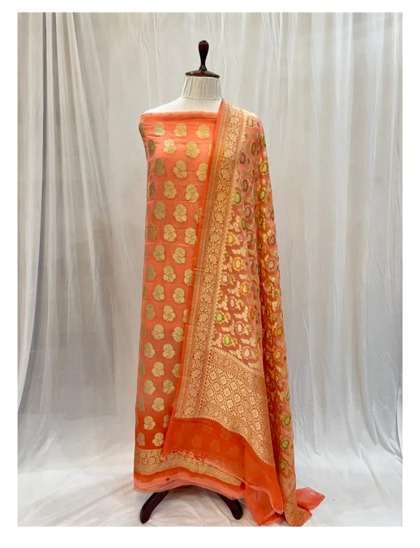 Pure Khaddi Georgette Unstitched Suit With water Zari Work.