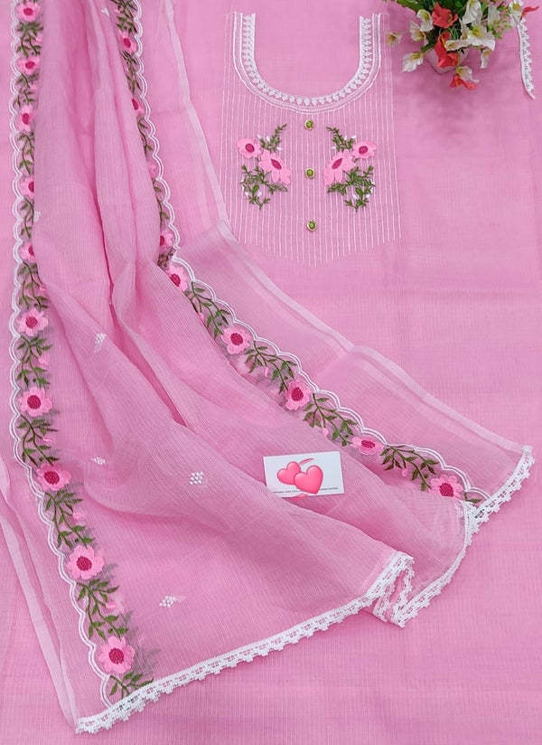 Pure Kota Doriya Resham Work Unstitched Suits With Kota Doriya Dupatta (Without Bottom).