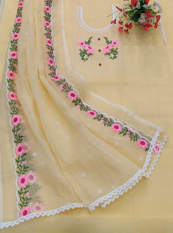 Pure Kota Doriya Resham Work Unstitched Suits With Kota Doriya Dupatta (Without Bottom).