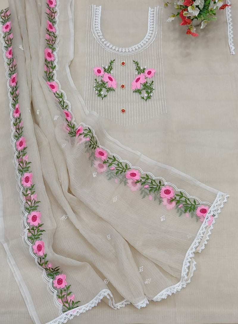 Pure Kota Doriya Resham Work Unstitched Suits With Kota Doriya Dupatta (Without Bottom).