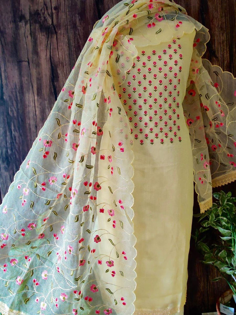 Pure Kota Doriya Resham Work Unstitched Suits With Kota Doriya Full Jaal Dupatta (Without Bottom).