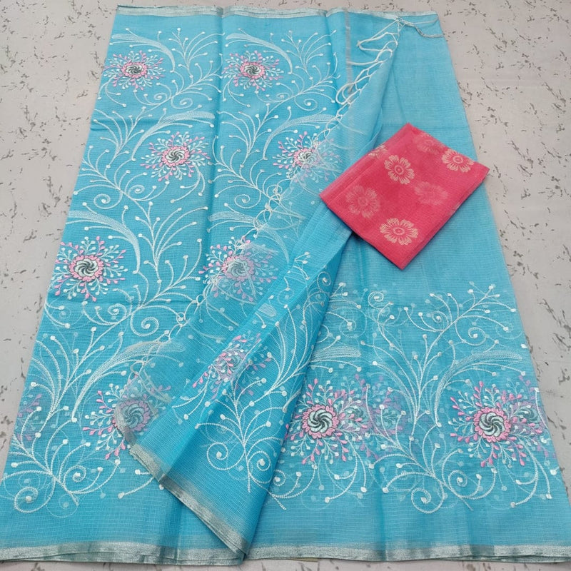 Pure Cotton Kota Doriya Embroidery work Saree With Blouse