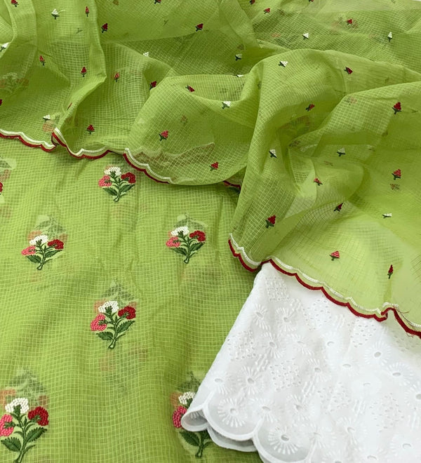 Pure Kota Doriya Resham Work Unstitched Suits With Chikankari Bottom .