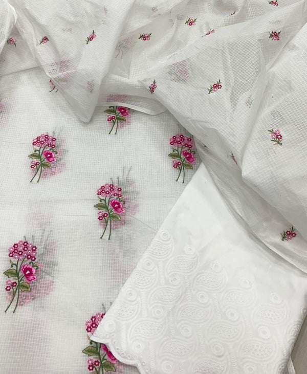 Pure Kota Doriya Resham Work Unstitched Suits With Chikankari Bottom .