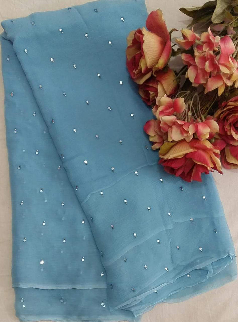 Pure Chiffon Moti Patra Work All over Saree With Running Blouse.