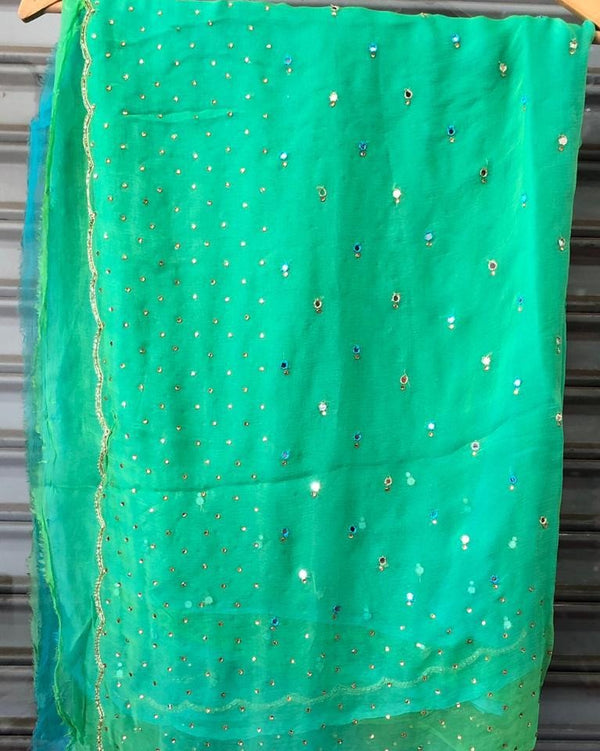 Pure Chiffon Mirror Chandla Hand Work Saree With Running Blouse.