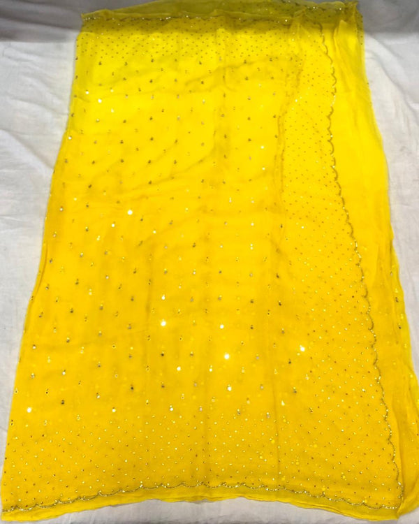 Pure Chiffon Mirror Chandla Hand Work Saree With Running Blouse.