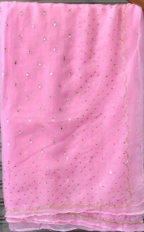 Pure Chiffon Mirror Chandla Hand Work Saree With Running Blouse.