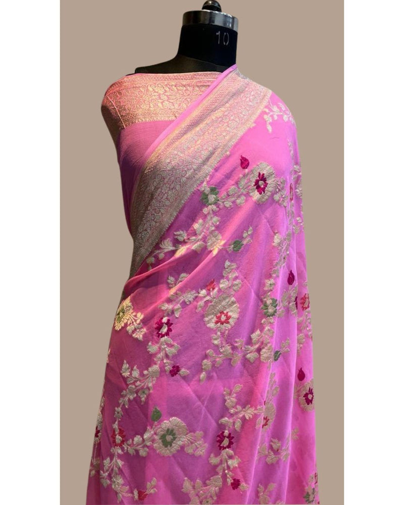 Pure Banarasi Handloom Khaddi Georgette Silk Saree with Zari Work ( length- 6.3 meter )