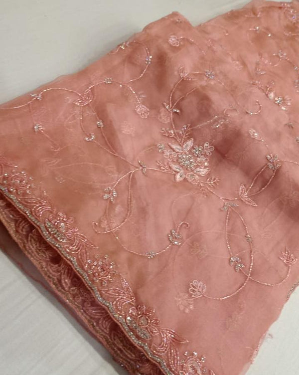 Pure Organza Silk Hand Full Zall  Work Saree With Running Blouse.