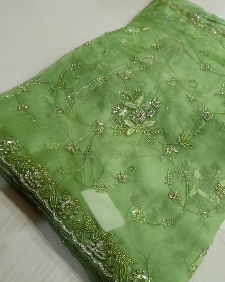 Pure Organza Silk Hand Full Zall  Work Saree With Running Blouse.