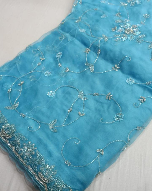 Pure Organza Silk Hand Full Zall  Work Saree With Running Blouse.