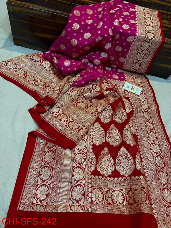 Pure Banarasi Handloom Khaddi Georgette Silk Saree with Zari Work ( length- 6.3 meter )