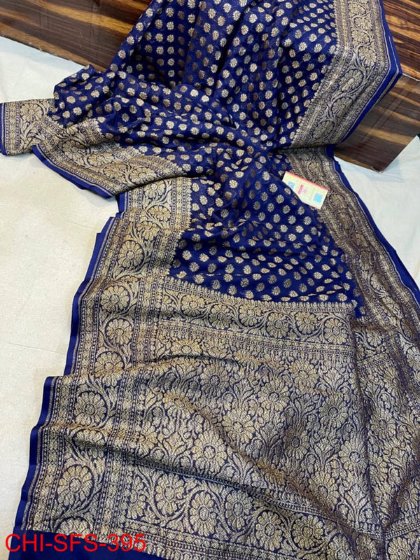 Pure Banarasi Handloom Khaddi Georgette Silk Saree with Zari Work ( length- 6.3 meter )