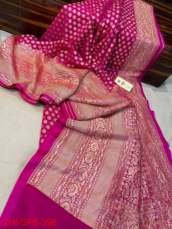 Pure Banarasi Handloom Khaddi Georgette Silk Saree with Zari Work ( length- 6.3 meter )