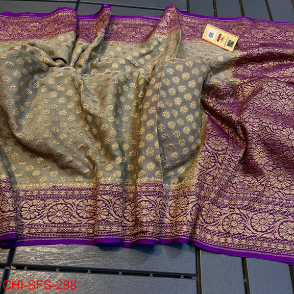 Pure Banarasi Handloom Khaddi Georgette Silk Saree with Zari Work ( length- 6.3 meter )