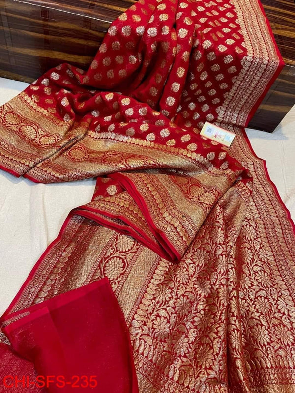 Pure Banarasi Handloom Khaddi Georgette Silk Saree with Zari Work ( length- 6.3 meter )