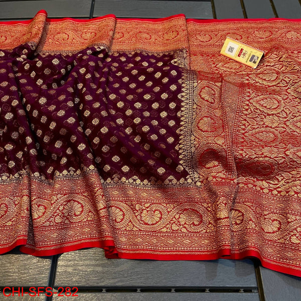 Pure Banarasi Handloom Khaddi Georgette Silk Saree with Zari Work ( length- 6.3 meter )