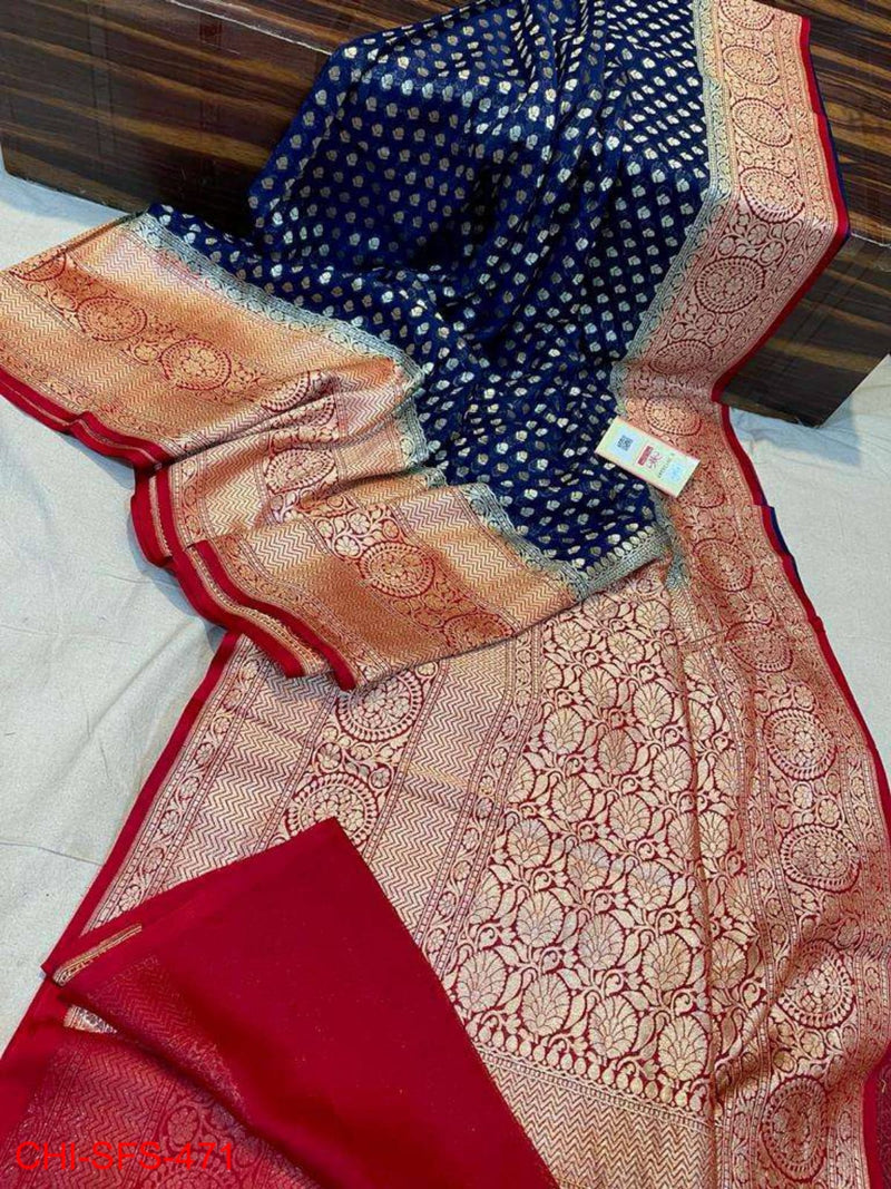 Pure Banarasi Handloom Khaddi Georgette Silk Saree with Zari Work ( length- 6.3 meter )