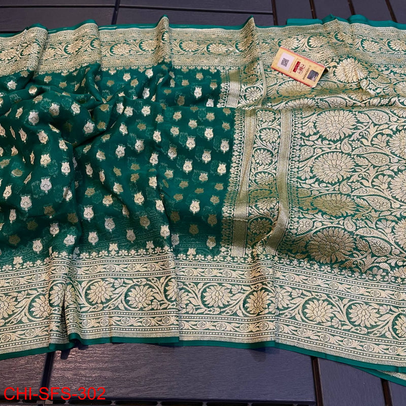 Pure Banarasi Handloom Khaddi Georgette Silk Saree with Zari Work ( length- 6.3 meter )