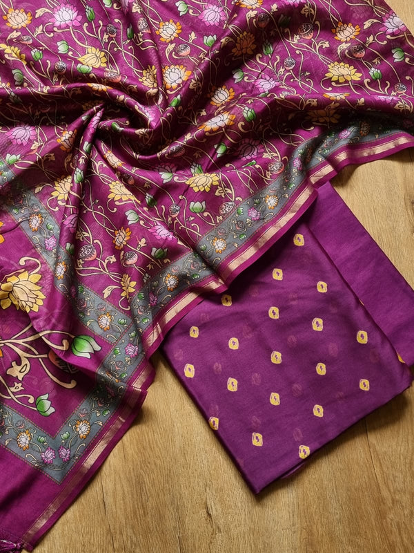 Pure Banarasi Chanderi Silk Bandhani Unstitched Suit With Chanderi Silk Print Dupatta