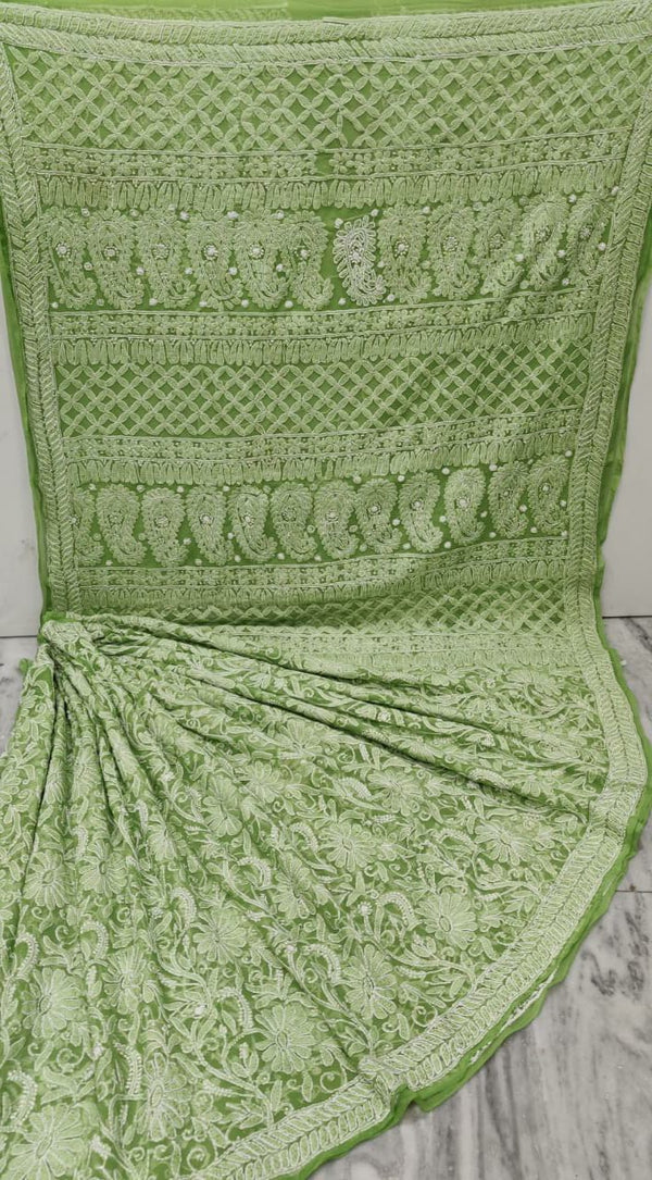 Pure Chiffon Georgette Chikankari Full Jaal Work Hand Embroidery Saree with Blouse.